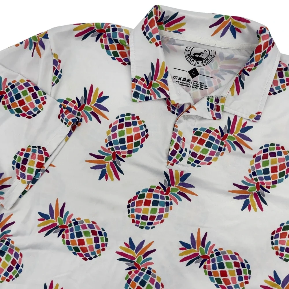Golf Is Fun Polo Shirt Mens Large Pineapple Print Golf Sportswear Colorful - Picture 1 of 5